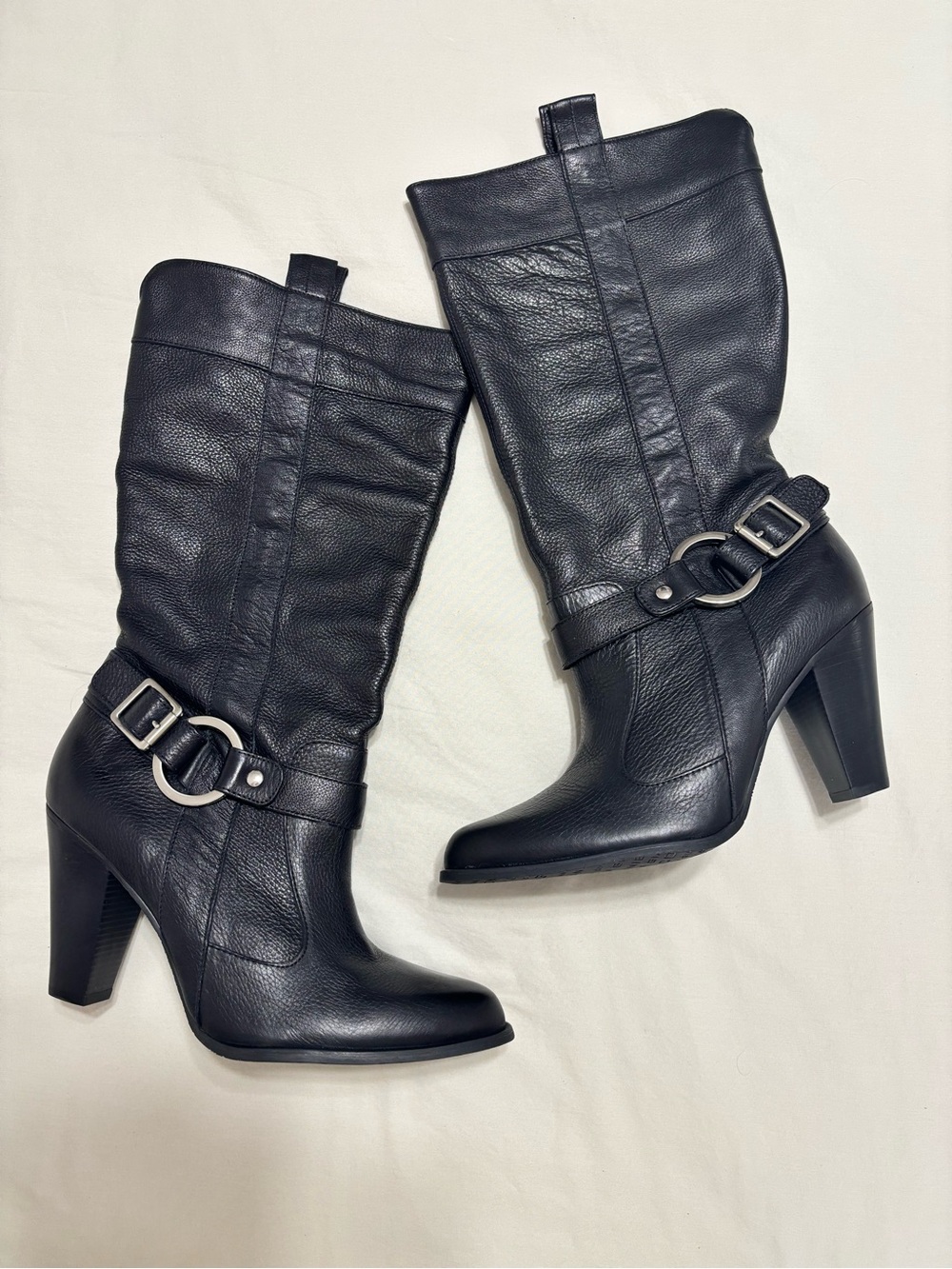 NEW Gianni Bini Black Leather Mid-Calf 4” Heeled Boots w/Ankle Strap Never Worn